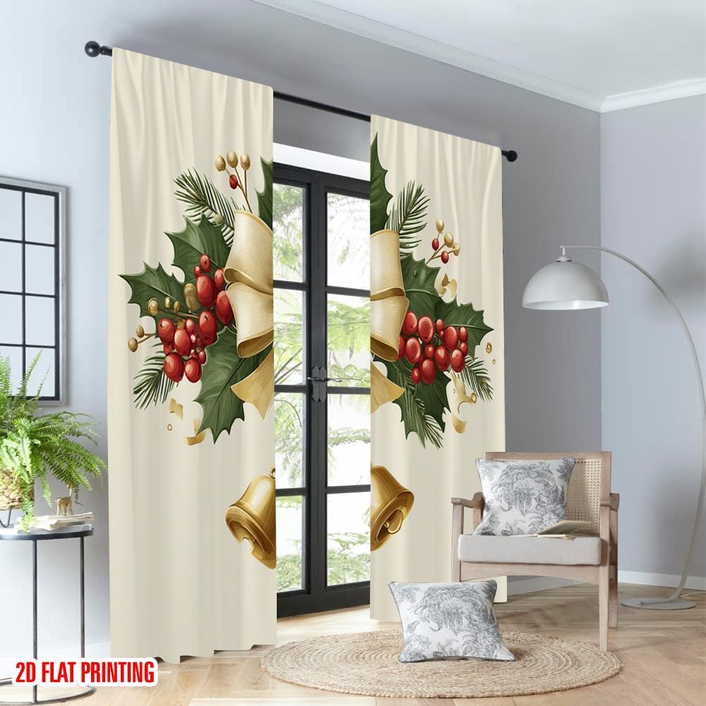 2pcs 2D Flat Printing Christmas Classic Hot Curtains Christmas Holly Bells Garland Digital Printed Polyester Drapes Family Party