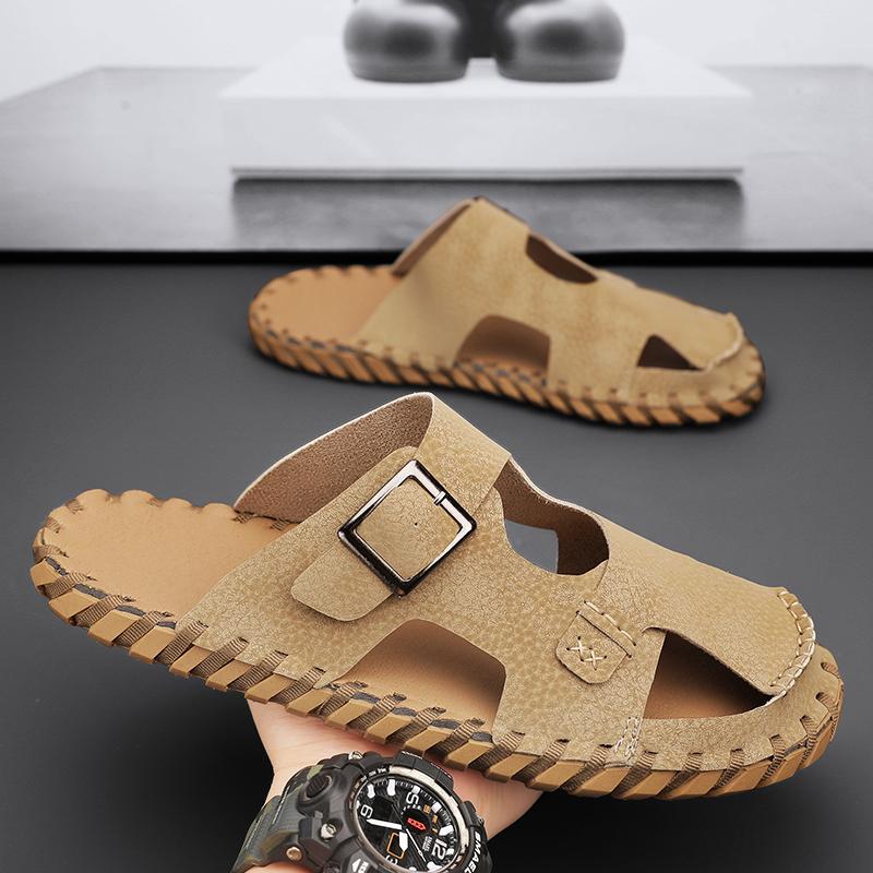 Men Baotou Shoes Sandals Summer Leather Slippers Retro Fashion Men Shoes Man's Beach Slippers Toe Protection for Male Swim Walk