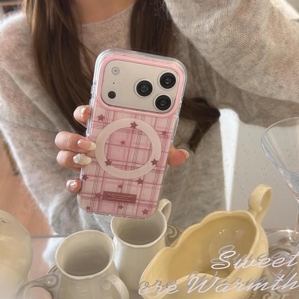 Korean-Style Pink Plaid Star Phone Case for iPhone 16/15/14/17 Pro Max 