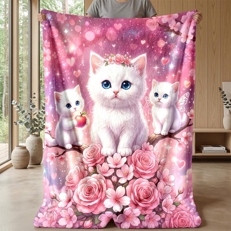 Three Kittens with Strawberries Theme blanket Lightweight Warm Flannel Blanket Decorative Throw Blanket for Home Decoration