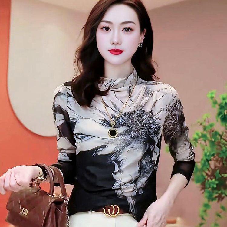 2024 Autumn/Winter Slim Fit Mesh Printed Long-Sleeve T-Shirt for Women