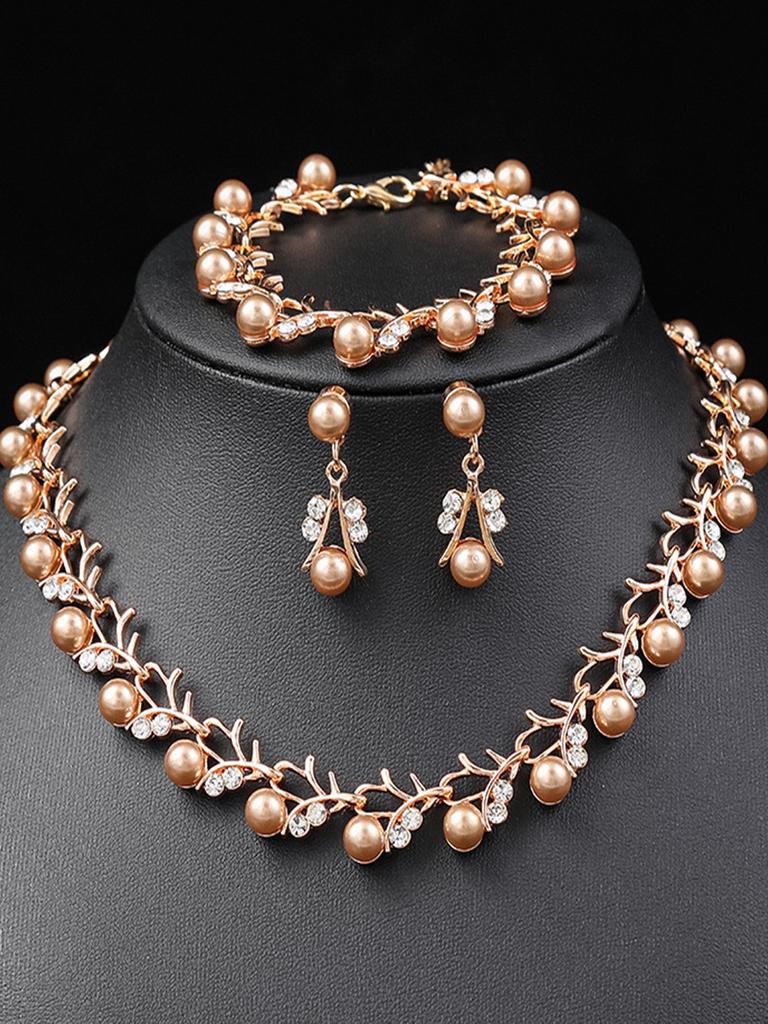 4pcs Women's Zircon Set with Pearl Rhinestone Necklace, Earrings, Bracelets, Bride's Wedding Accessories