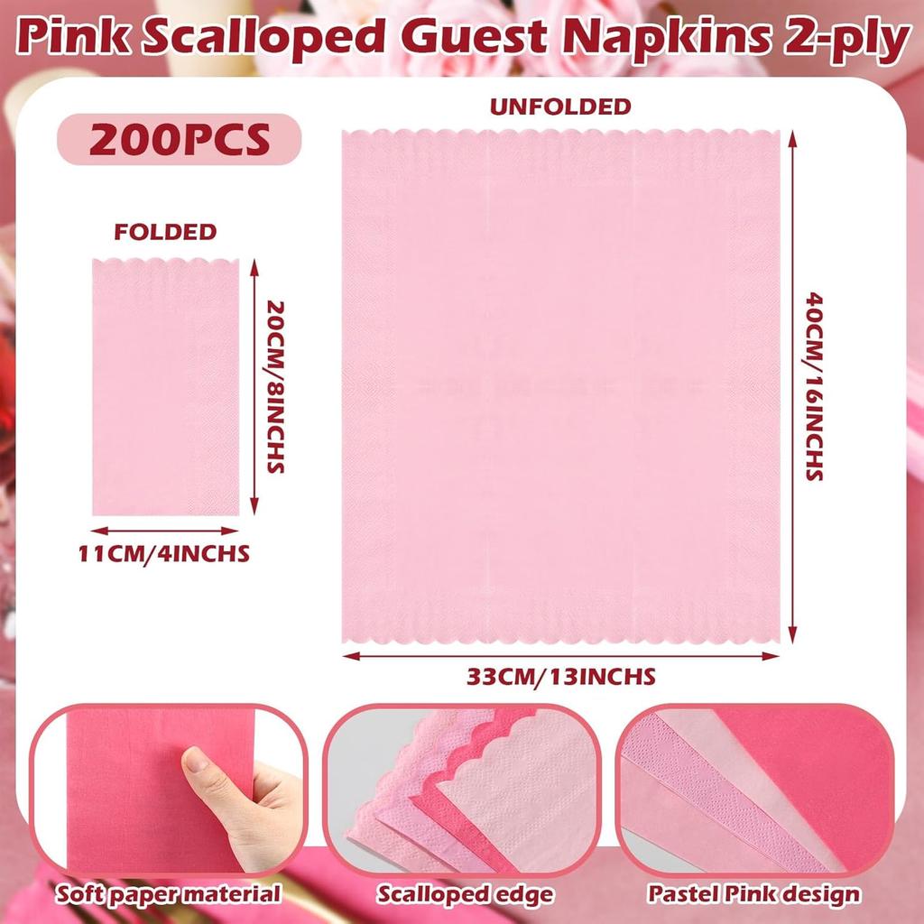 Cholemy 200 Pcs Scalloped Guest Napkin Pastel Colors Cocktail Disposable Hand Towels for Bathroom Guests Towel 2 Ply Paper Napkin for Baby Shower