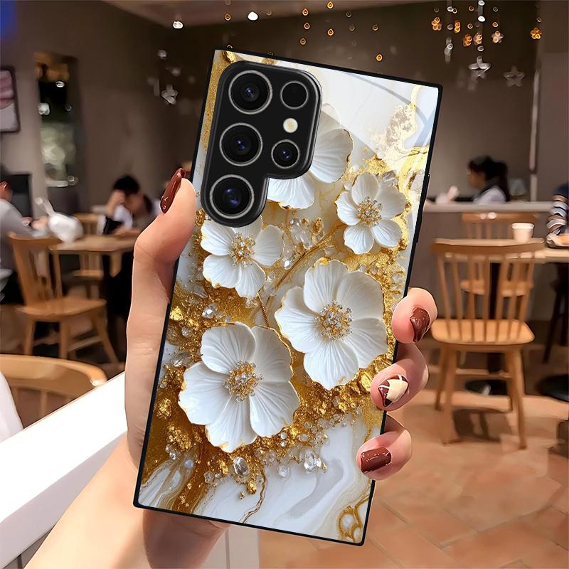 3D White Flower Pattern 2D Tempered Glass Phone Case for Samsung S26 S25 S24 S23 S22 S21 S20 A56 A36 A16Durable Protective Cover