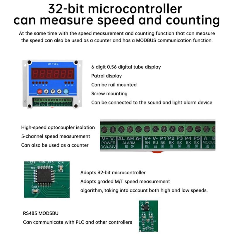 

AB34-DC12~ 24V 5-Channel Hall Sensor Non-Contact Tachometer Motor Speed Stop Meter Communication With MODSBU Over RS485 Interfac