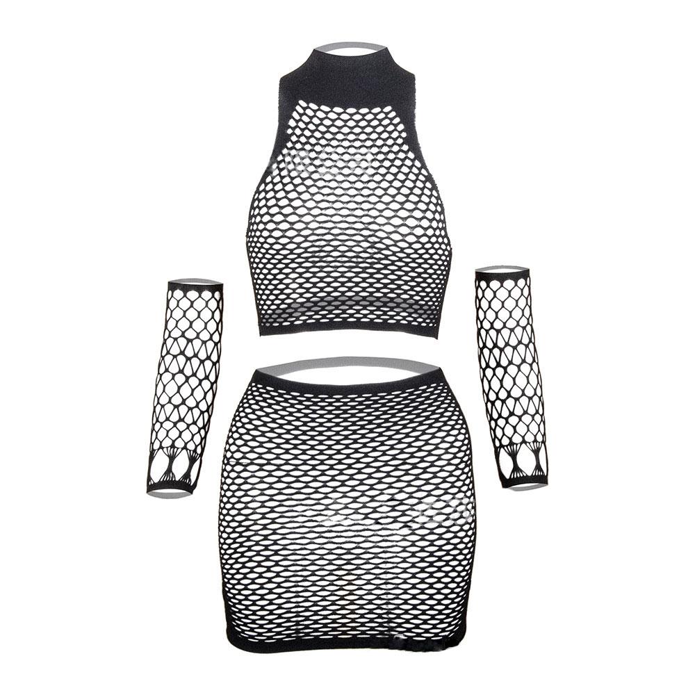 4 Pcs Fishnet Lingerie Set With Cuff Elastic Sexy Women Underwear Mesh Body Stocking Erotic Costume