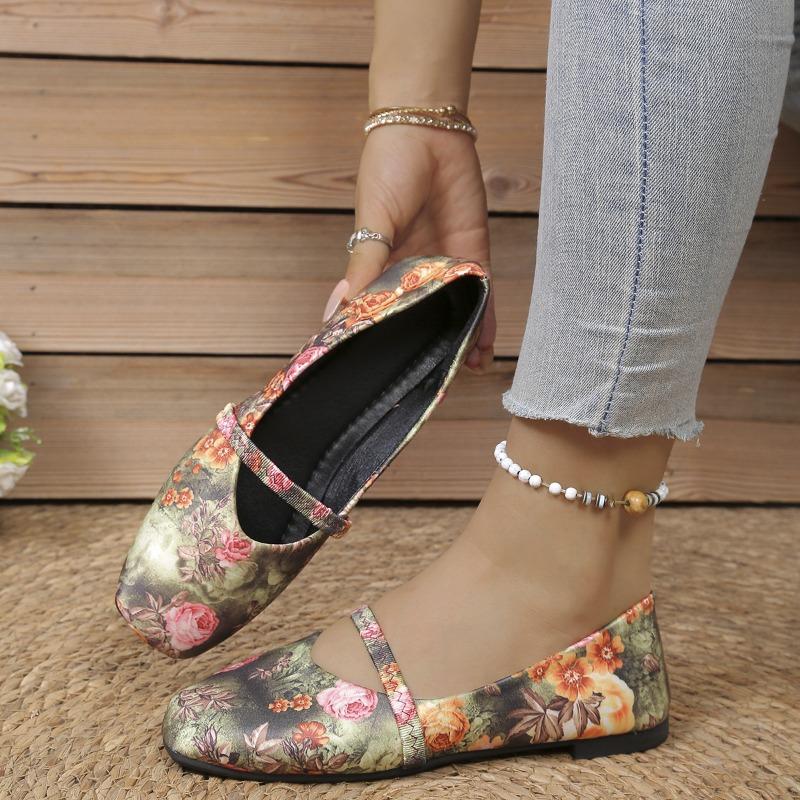 Women's Wide Width Printed Slip-On Flats - Square Toe Pattern Loafers with Low Block Heel for Spring, Fashion Casual Shoes