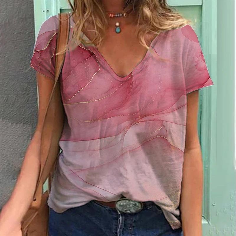 Trendiges Damen-T-Shirt mit V-Ausschnitt und kurzen Ärmeln, 3D-Druck mit Farbverlauf und Wassertropfenmuster