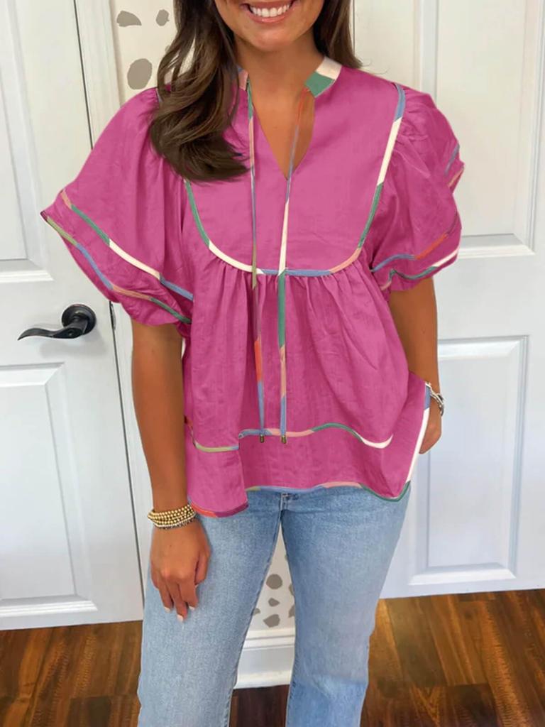 Women's Babydoll V Neck Blouse Short Lantern Sleeve Loose Peplum Flowy Top