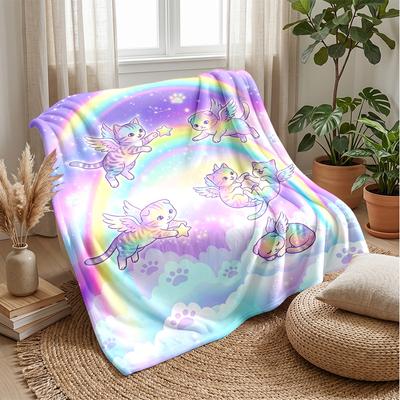 Rainbow Cats In Heaven Theme Blanket Lightweight Warm Flannel Blanket Decorative Throw Blanket for Home Decoration