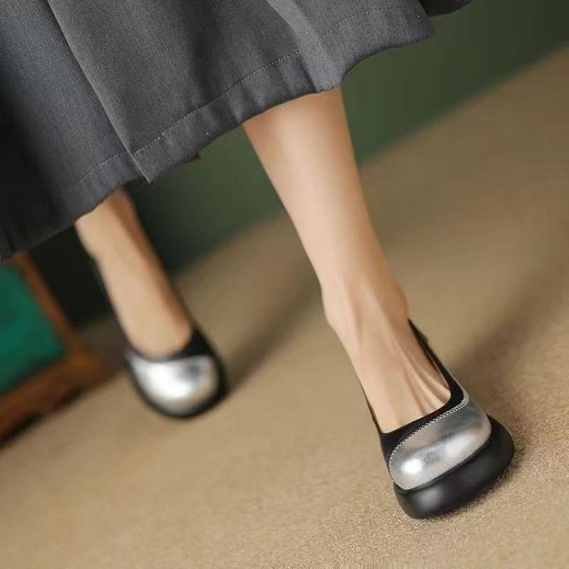 Versatile Fragrant Soft Leather Round Head Women's Shoes Color Matching Light Mouth Single Shoes Autumn New Thick-soled Soft Leather Shoes