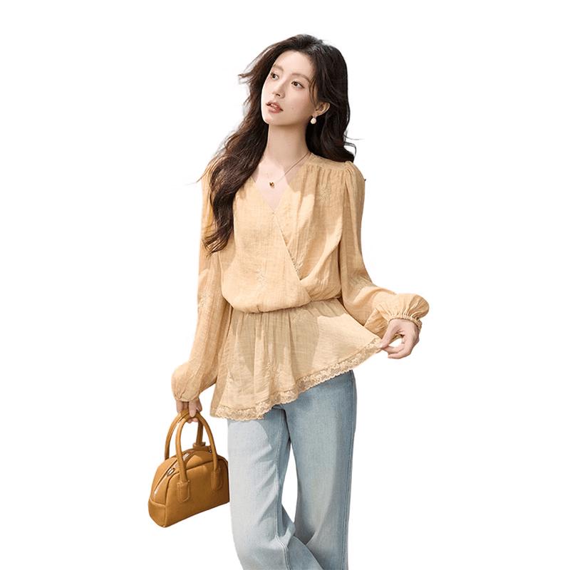 

Mishow 2026 Spring Hand-Embroidered V-Neck Puff Sleeve Blouse S