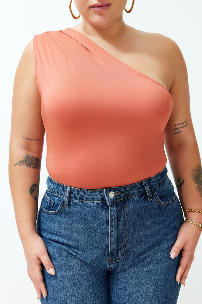 Women's Style Plus Size Cinnamon Asymmetric Collar Knitted Body with Snaps at the Bottom