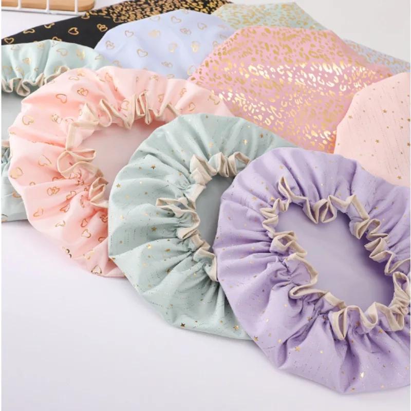 Double Shower Cap Waterproof Hair Cap Hot Gold Printed Terylene Cotton Shower Hat Bathing Comfortable Women Eco-Friendly