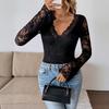 Autumn Winter Deep V-neck Lace Perspective T-shirt Women Nightclub Fashion Black Slim Elegant Pullover Tee Top