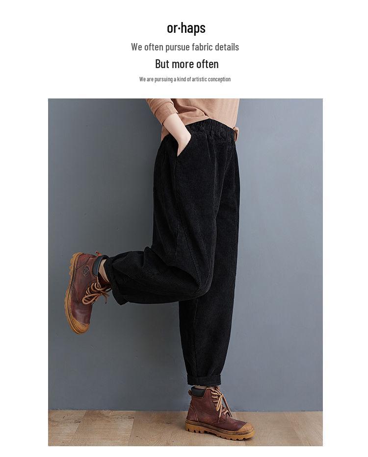 2024 Dámské manšestrové harémové kalhoty plus size - Fialové, Zesílený samet, Elastický pas, na jaro, podzim, zimu.