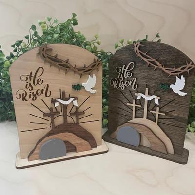 Fun EASTER Decoration Wooden Grave Scene Cross Tabletop Ornament