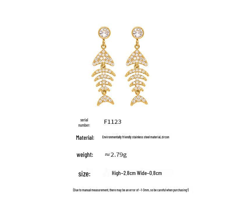 Qiong Yao Geometric Zirconia Fish Bone Earrings - 18K Gold Plated Stainless Steel, Versatile European American Fashion Ear Clips