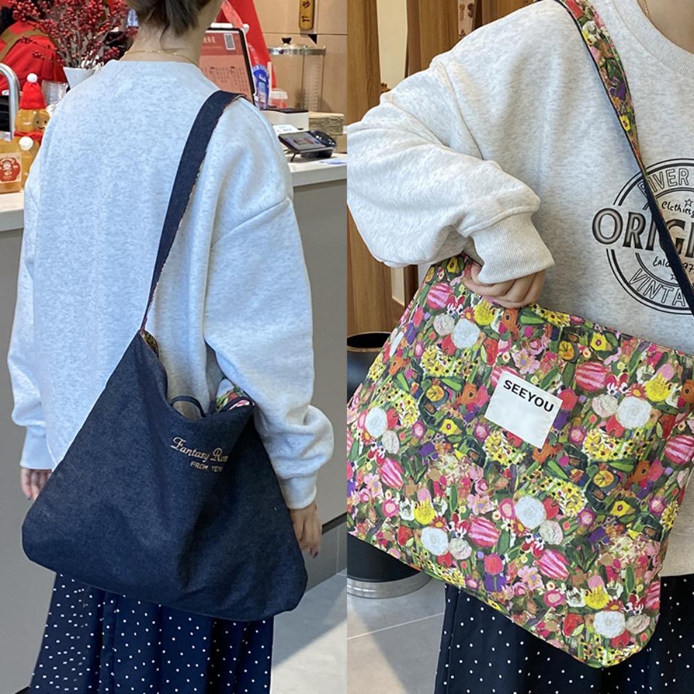 

Flower Denim Shoulder Bag Retro Bohemian Messenger Bag Portable Floral Canvas Bag Outdoor Style 2