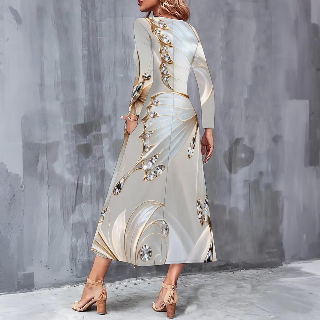 Women Plus Size Round Neck Long Sleeve Black Butterfly Printed Midi Dress With Pockets