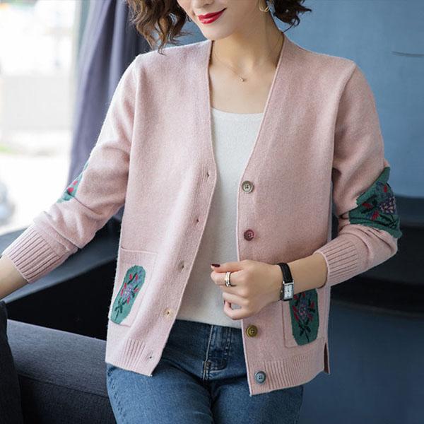 Spring Autumn Women's Knitted Cardigan Sweater Short Loose Thin V-Neck Knit Sweater Long Sleeve Printed Knitted Jacket Outwear
