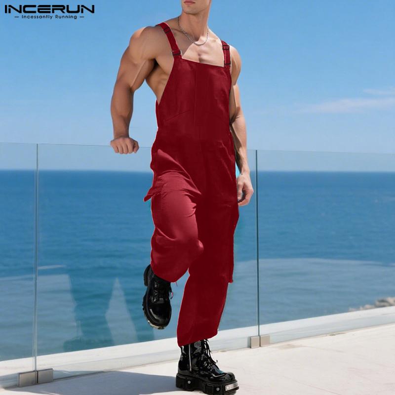 INCERUN Salopetă de bărbați, culoare uni, salopetă lungă harem, salopetă