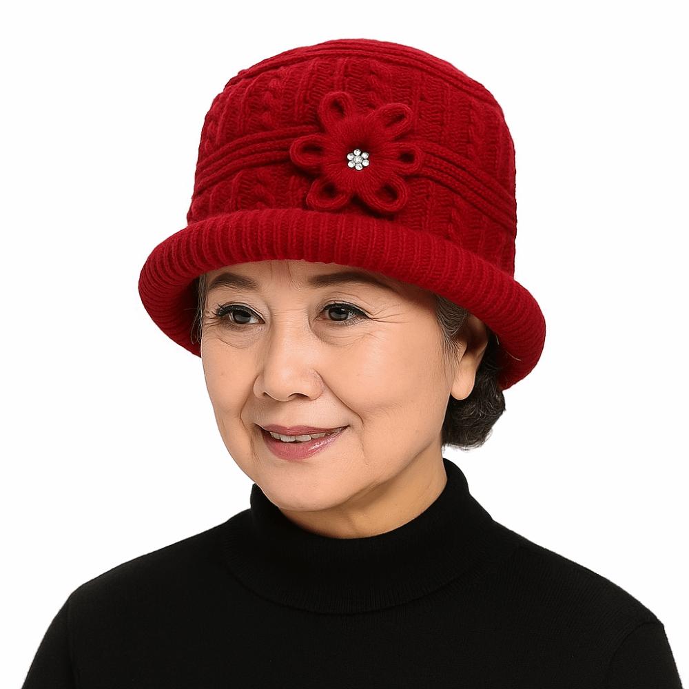 Handmade Woolen Hat Plush Warm Fisherman Hat Retro Floral Knitted Bucket Hat  Middle-aged Elderly