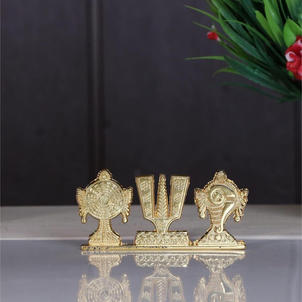 Tirupati Balaji Symbol Stand Shankh Chakra Namah Golden Antique Decorative for Car Dashboard Home & Office Table Showpiece Figurines,
