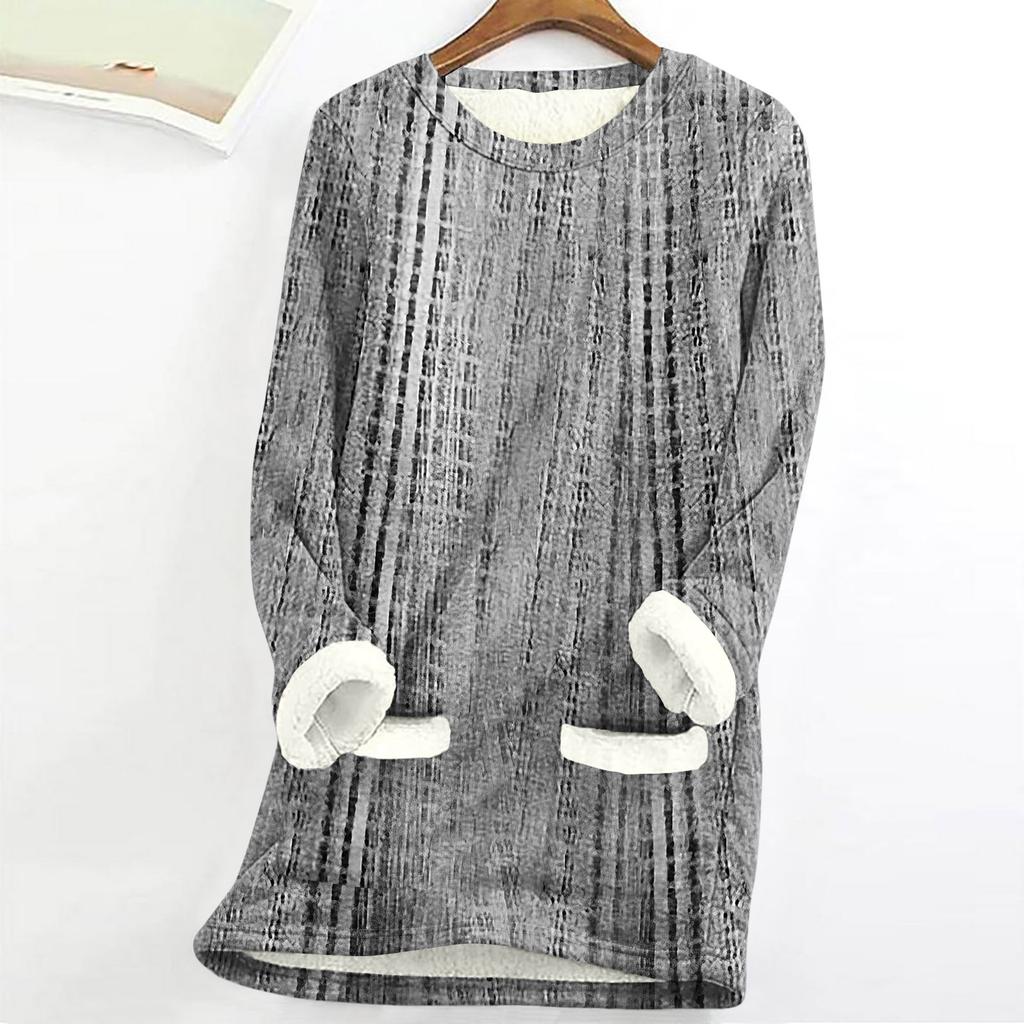 Dame Rundhals Topp Trykk Fortykket Plysj Kasjmir Varm Lang Topp