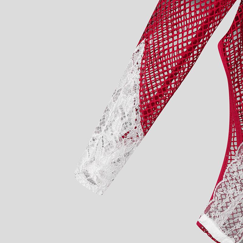 Men Long Sleeve Lace Patchwork Mesh See Through Party Bodysuits Jumpsuits Home Wear