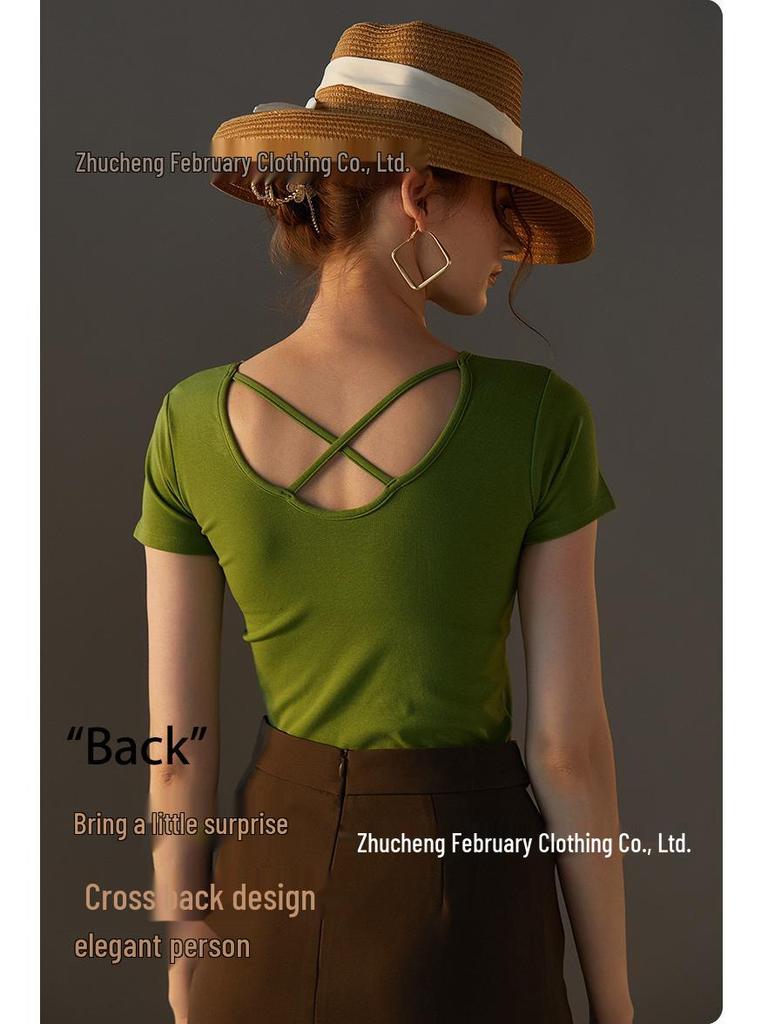 Dámské tričko s krátkým rukávem bez podprsenky - Čistá bavlna, Všitá podprsenka, Krásná záda, Zeštíhlující střih, Letní top