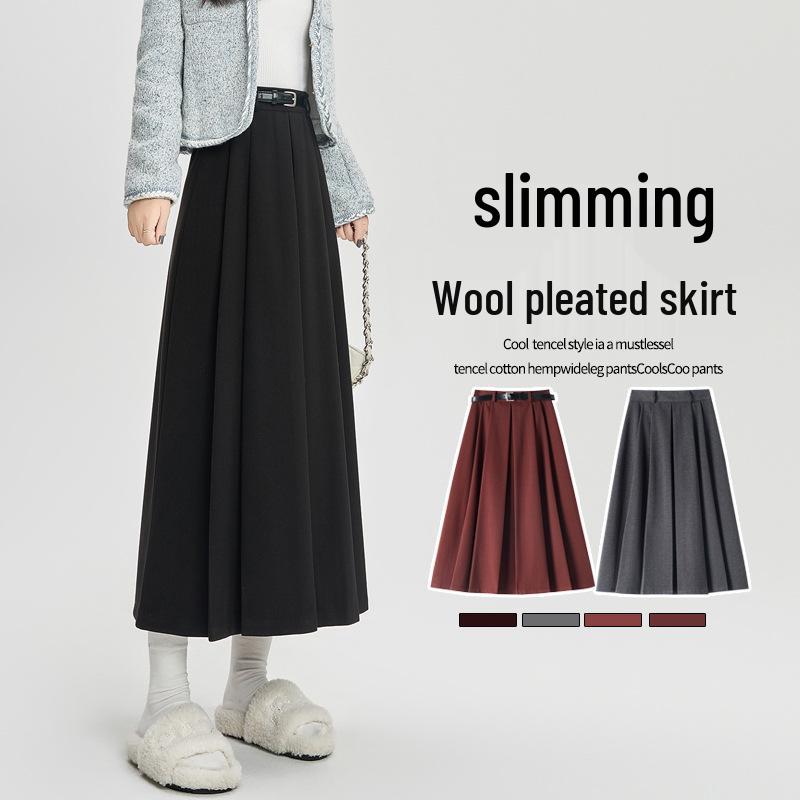 Elegant High-Waist Wool Pleated Midi Skirt for Women - Perfect for Autumn & Winter