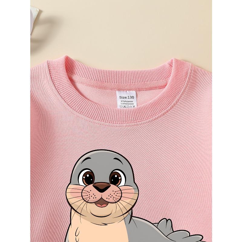 Adorable Seal Cartoon Design on a Girls' Crewneck Sweatshirt, Suitable for Machine Washing