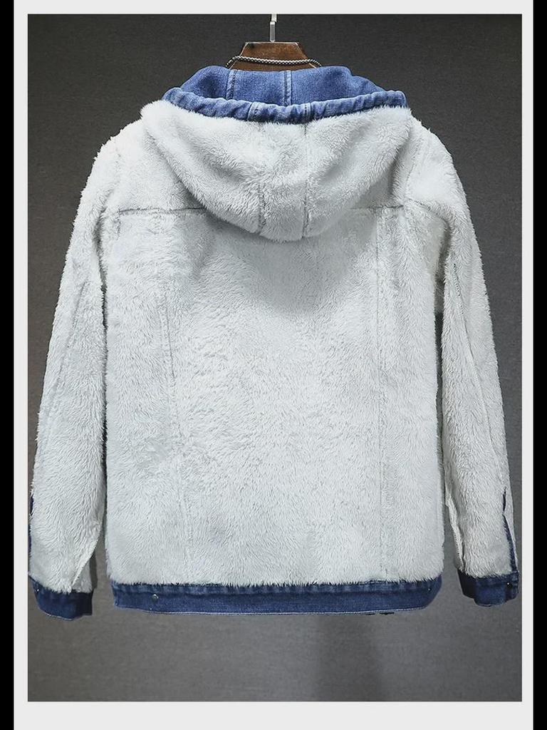Men's Thick Warm Hooded Denim Jacket with Imitation Lambskin
