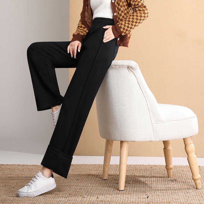 Bailuyu Women's Winter Plush Lined High-Waist Straight Trousers