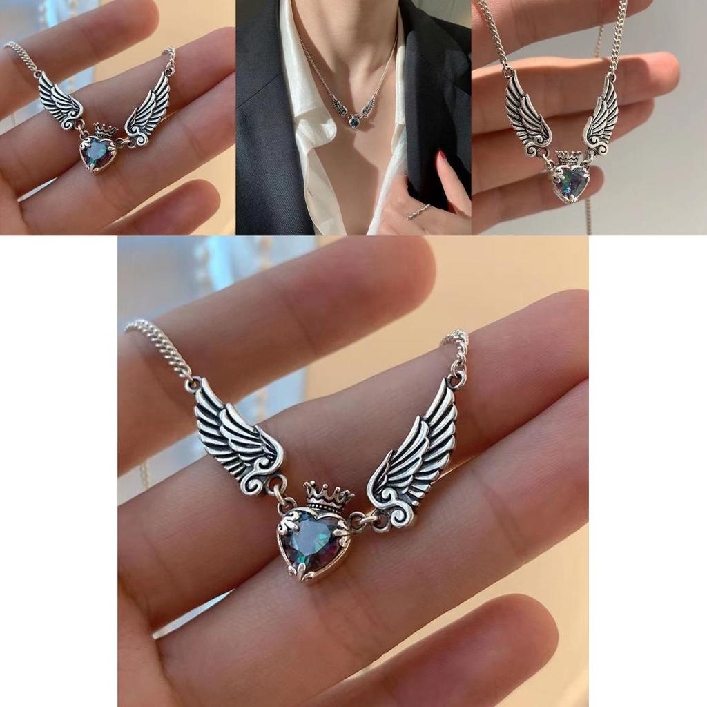 Vintage Inspired Heart Crown Wings Necklace With Crystal Accents For Womens Fashion