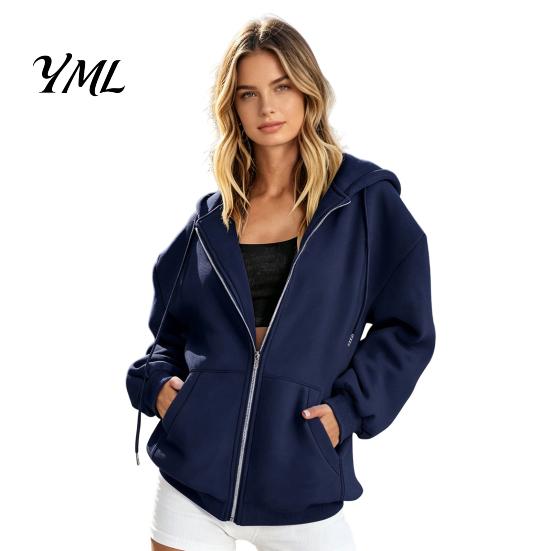 Fall Winter Hoodie Zip-Up Hoodies for Women, Loose Fit Drawstring Hooded Jacket with Women Sweatshirt Pocket, Long Sleeve Casual Coat Soft Tops
