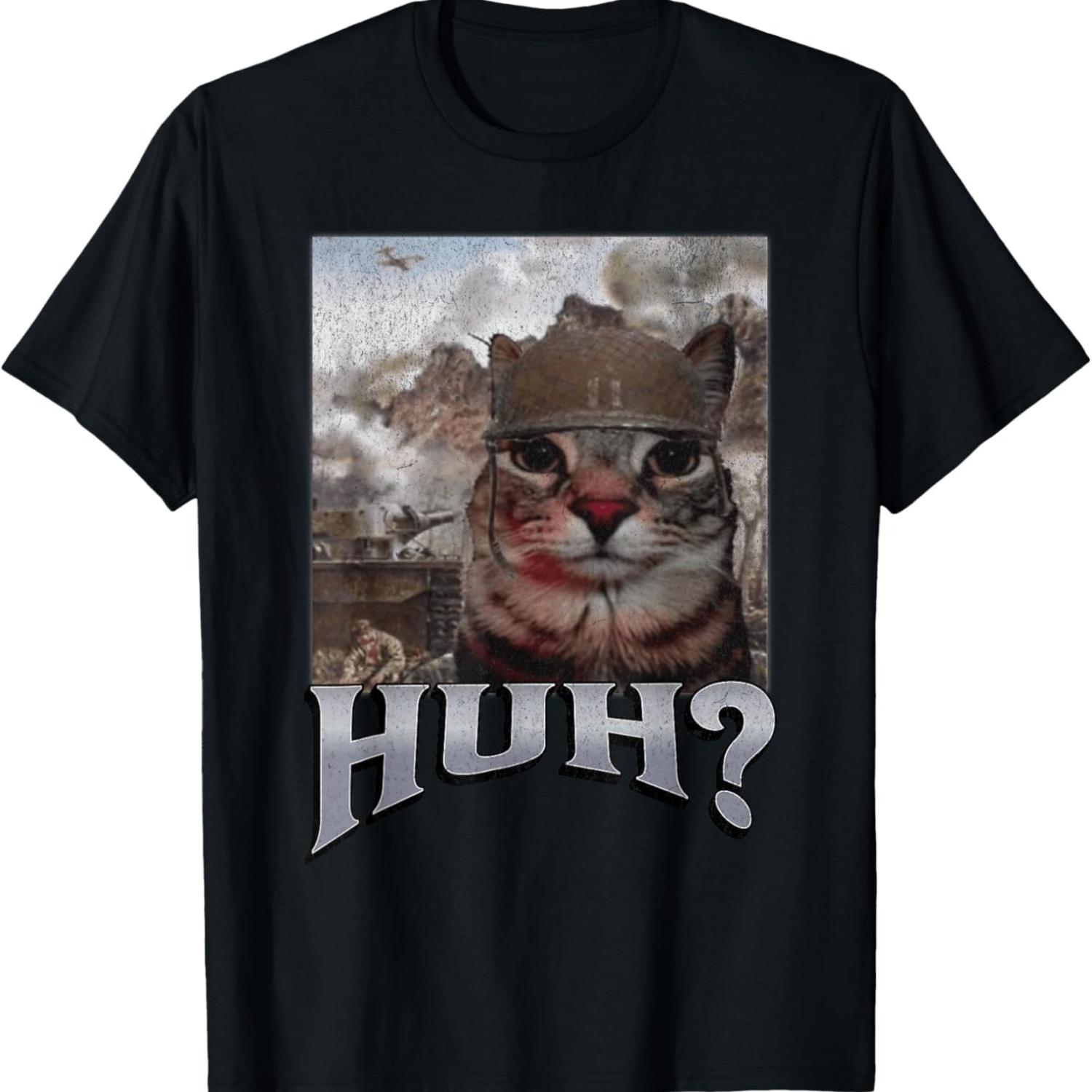 Huh_ Funny Cat Meme Graphic T-Shirt for Men Women S чёрный