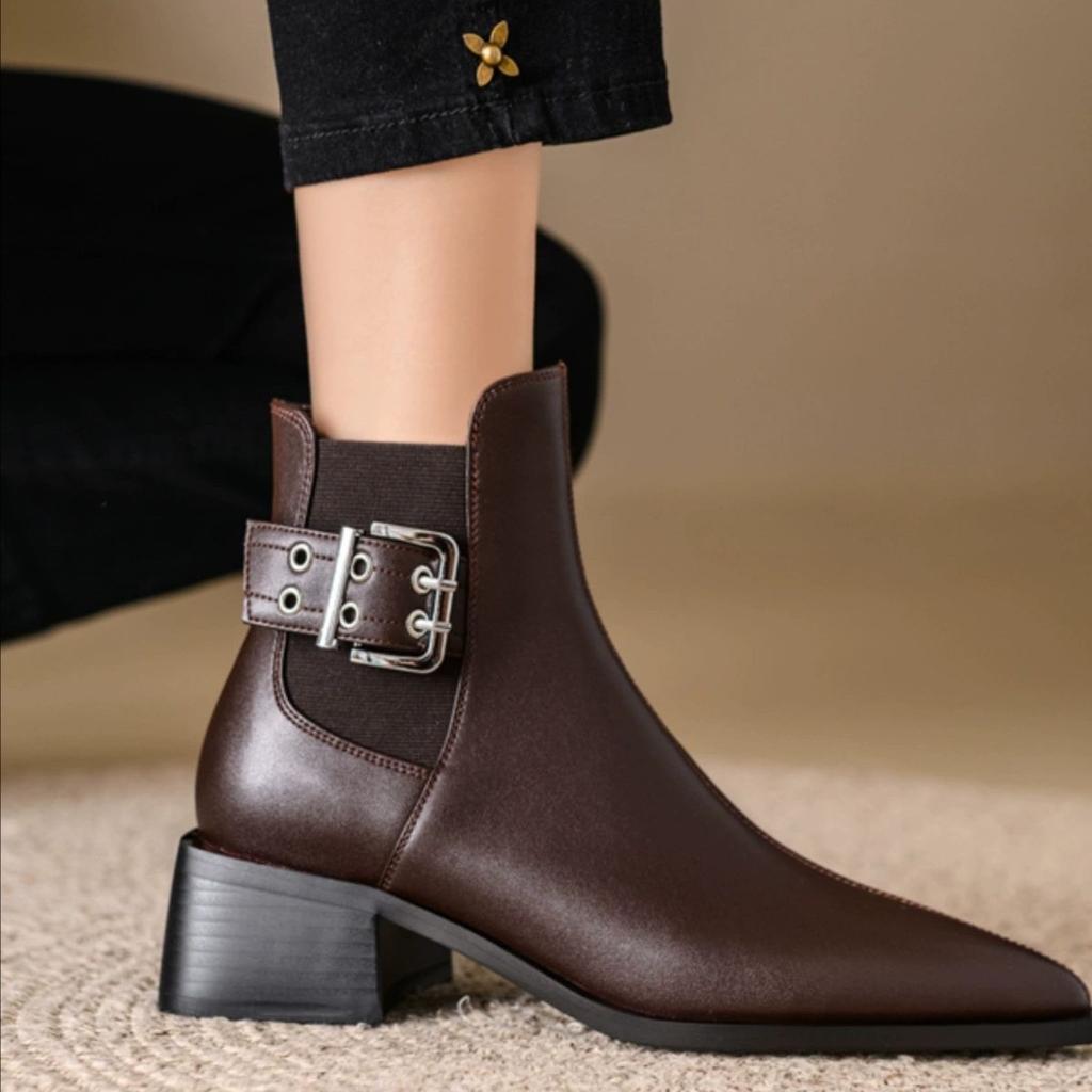 Fashion Women Pointed Thick Ankle Boots  Winter Comfortable Soft Leather Short Boots Woman Fashion Solid Color Slip On Botas Mujer