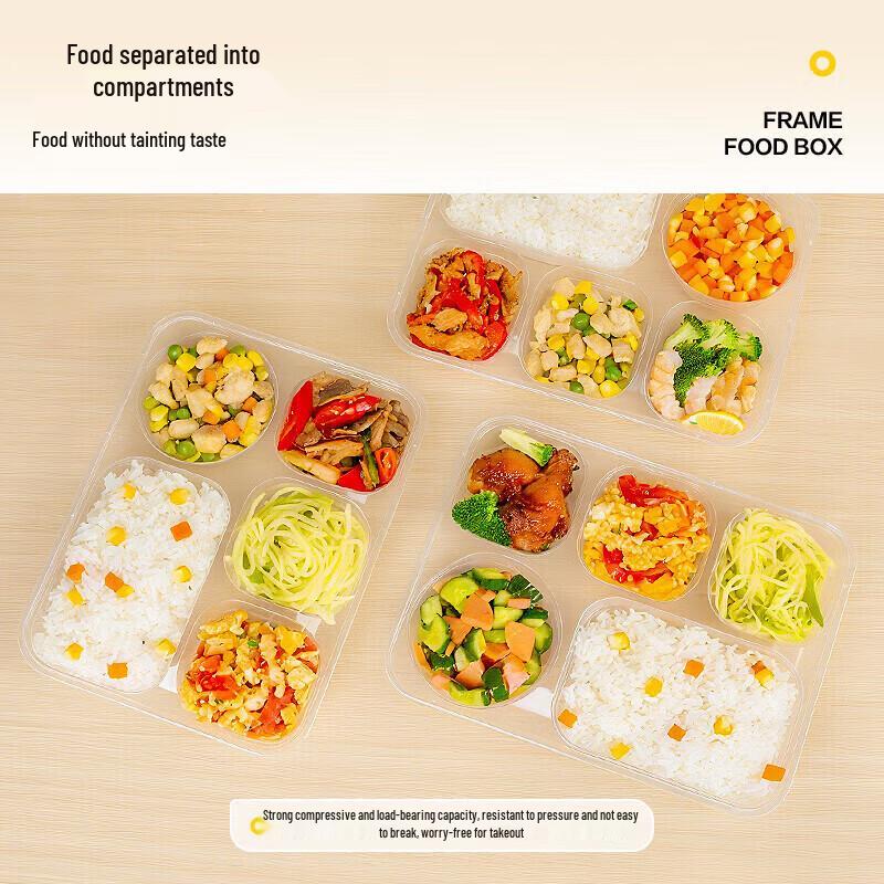 Temeiju Disposable 5-Compartment Rectangular Takeout Meal Box with Lid (150-Pack)