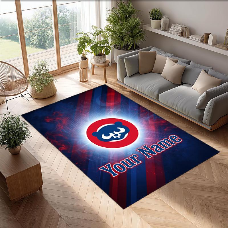 Chicago Cubs Crystal Velvet Rug, Custom Name Text Personalized Non‑Slip Floor Mat for Home Decor Gift