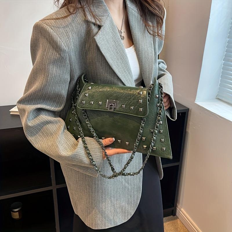 Golden Leather Texture Single Shoulder Casual Women's Hand-held Bag - Vintage Rivets Armpit Slung