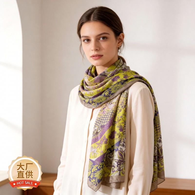 Silk Scarf Women Long Lightweight Floral Print Elegant Wrap Shawl UV Protection
