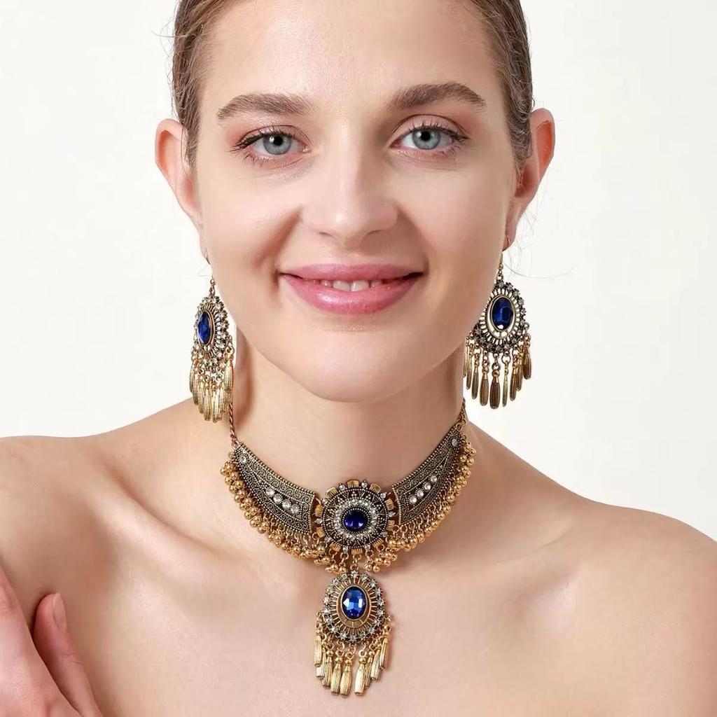 Ethnic Style Crystal Rhinestone Geometric Necklace and Earring Set , Boho Chic Adjustable Length Jewelry