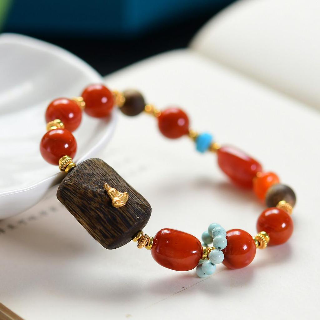 Novo Bracelete de Prata 925 com Ágata Vermelha e Turquesa Estilo Chinês