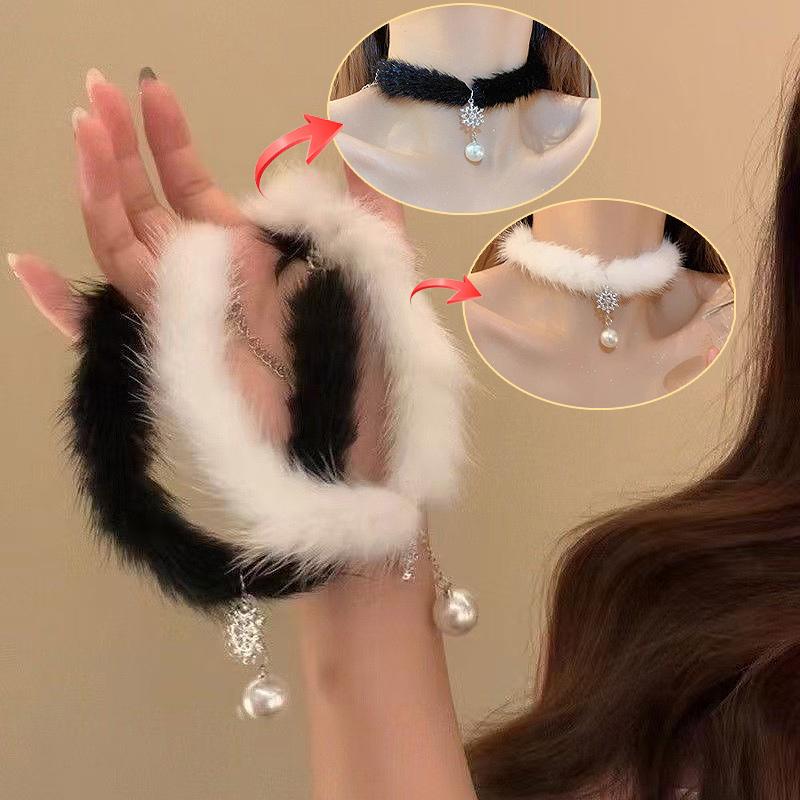 2025 New Korean Elegant Feather Plush Snowflake Choker Pearl Tassel Necklace for Women Wedding Party Christmas Jewelry Gifts