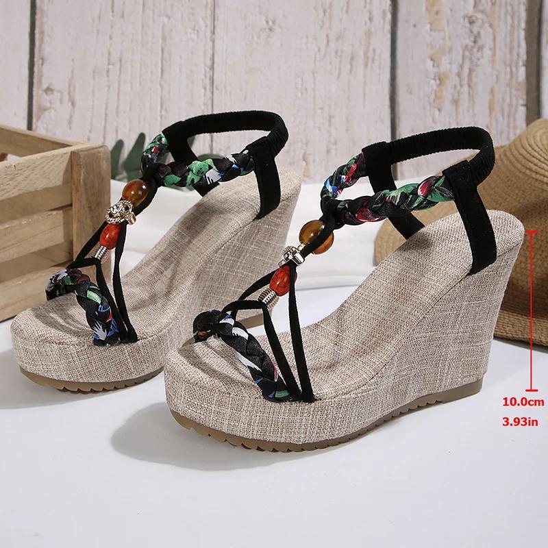 Fashion Bohemian Style Women's Wedge Sandals Beaded Decor Chunky Platform Sandals for Women Summer 2025 Printed Weaving Beach Sandalias