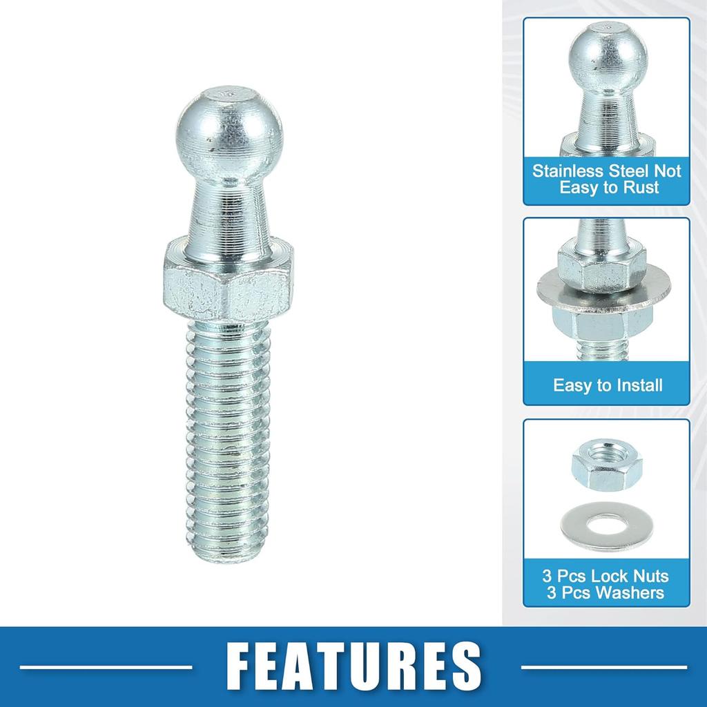10mm Car Auto Strut Ball 5/16-18 Thread 1" Long Shank with Hardware Lock Nuts Washers for Gas Lift Support Strut End Fittings Metal Set of 2