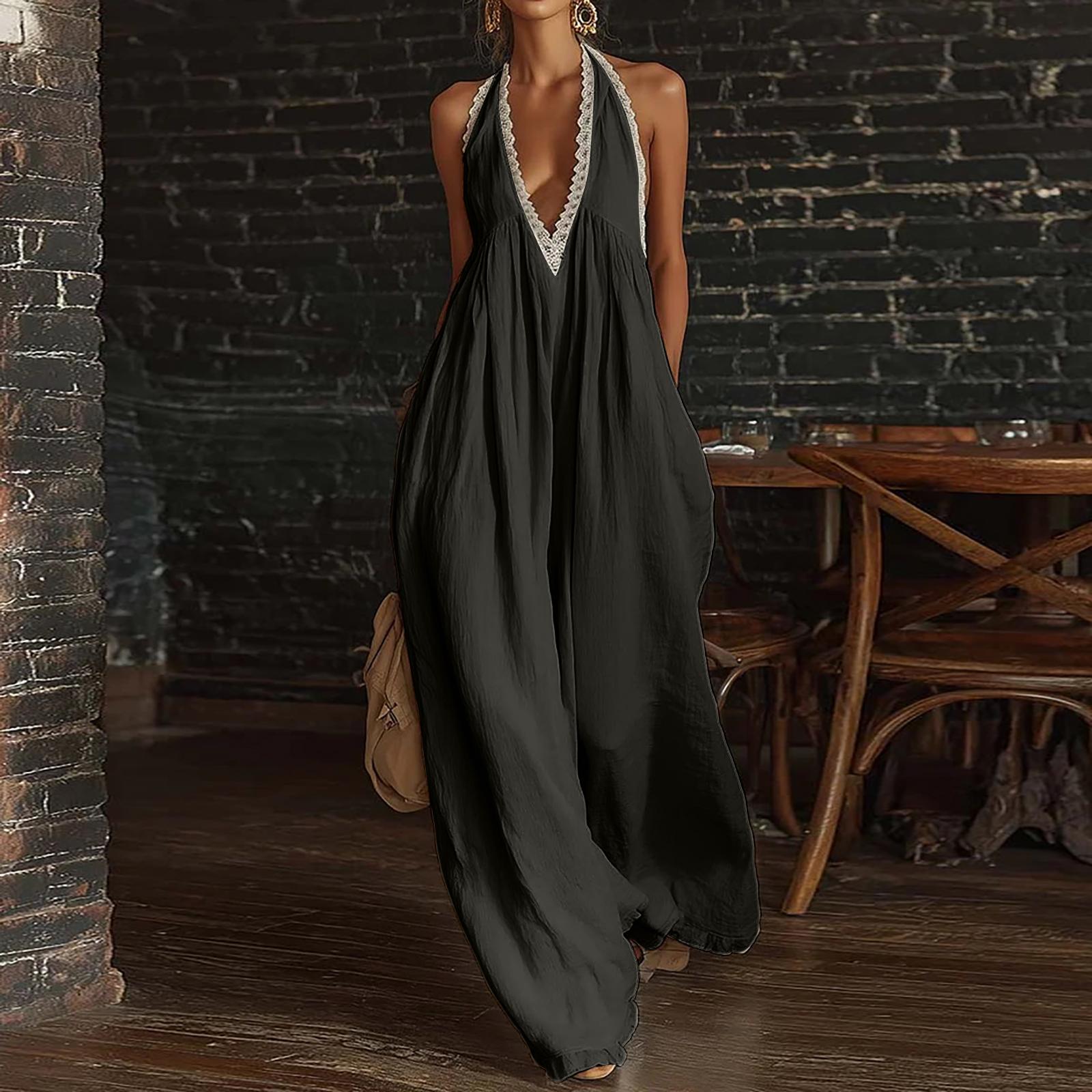 

Women’s Loose Fit Elegant Linen Jumpsuit with Lace Trim Sleeveless V Neck Wide Leg Comfortable Casual Style Outfit XXL чёрный