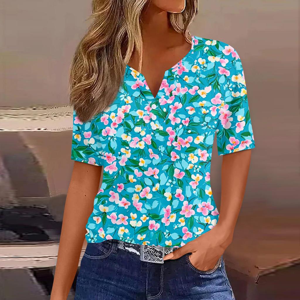 Damen T-Shirt mit Aufdruck und Knopfleiste, kurzärmelig, für den Alltag, Wochenende, modisch, Basic, V-Ausschnitt, normales Oberteil